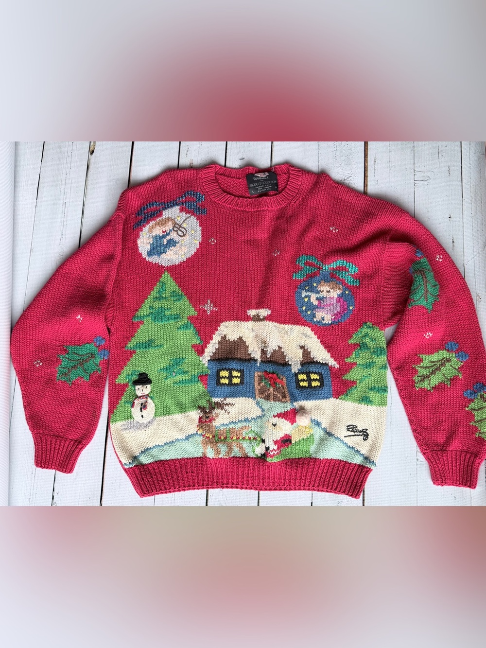 VINTAGE Women's Red Holiday Cottage Crewneck Sweater - Festive Knit Pullover - Picture 3 of 13
